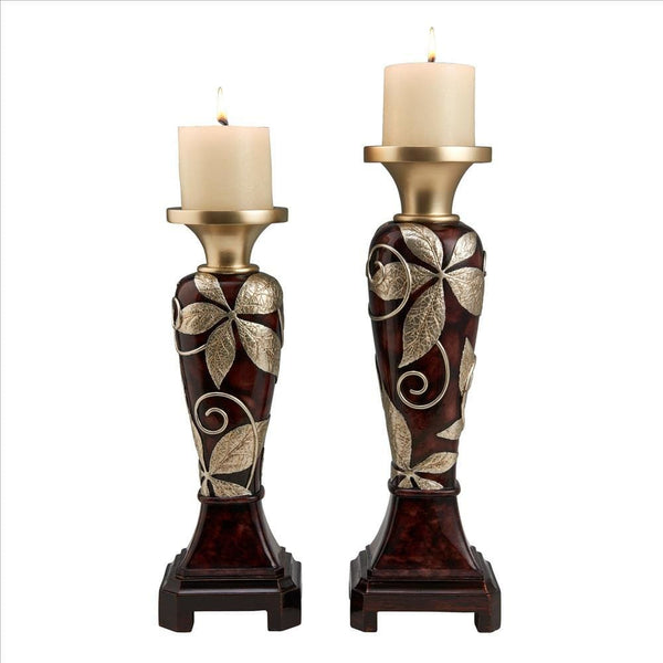Candleholder With Urn Shaped Body And Foliage Pattern Set Of 2 Brown