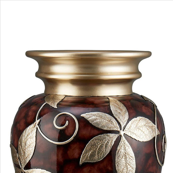 Decor Vase With Urn Shape Body And Foliage Pattern Brown