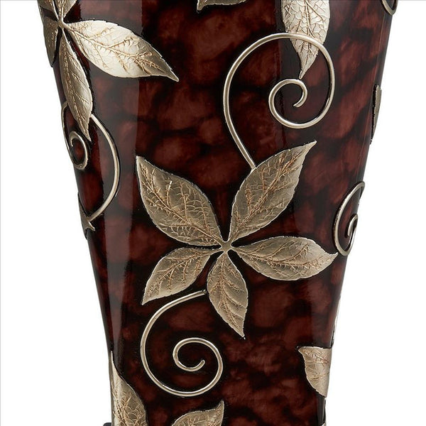 Decor Vase With Urn Shape Body And Foliage Pattern Brown