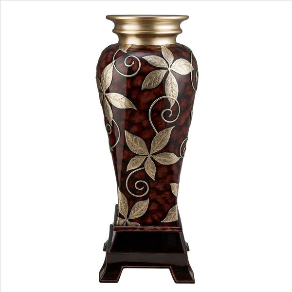 Decor Vase With Urn Shape Body And Foliage Pattern Brown