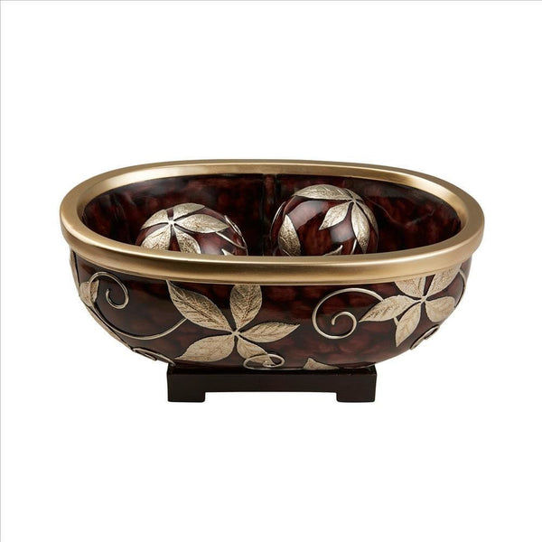 Decorative Bowl With Obround Shape And 2 Spheres Brown