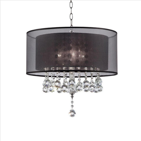 Dual Fabric Shade Ceiling Lamp with Hanging Crystal Accent Clear and Black