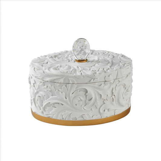 Jewelry Box with Baroque Scroll Design and Crystal Accent White