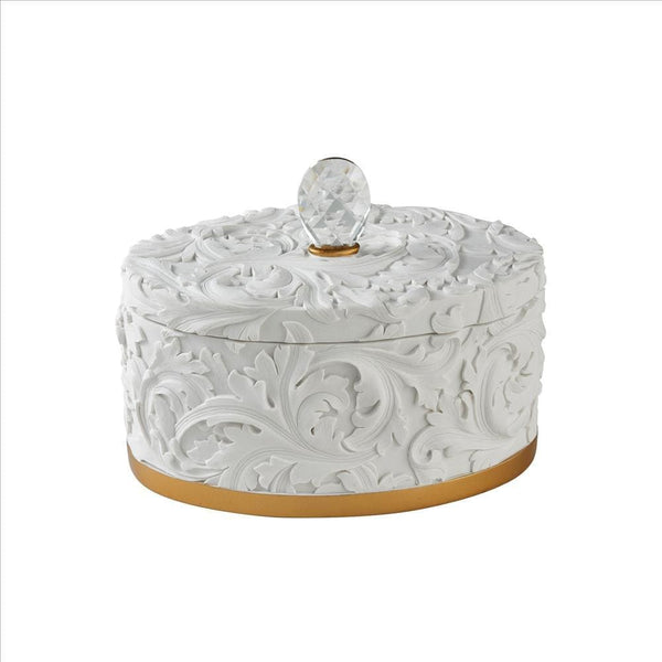 Jewelry Box with Baroque Scroll Design and Crystal Accent White