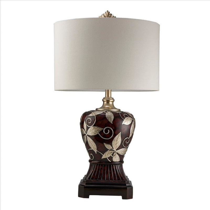 Polyresin Urn Shape Table Lamp with Floral Foliage Pattern Brown-zoom-
