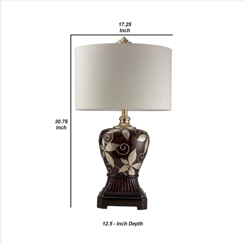 Polyresin Urn Shape Table Lamp with Floral Foliage Pattern Brown-zoom-