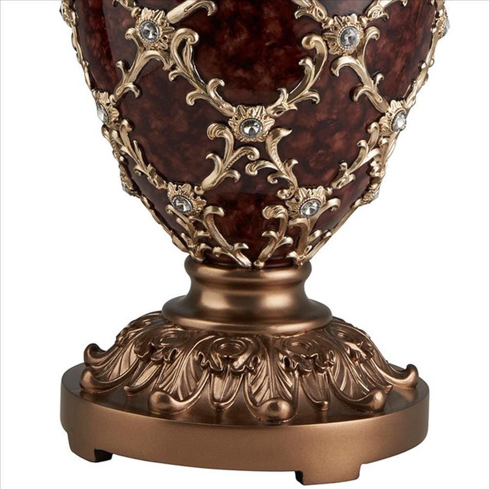 Polyresin Urn Shaped Table Lamp with Diamond Stencils Pattern Brown