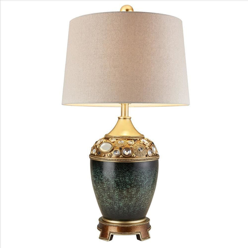 Polyresin Urn Shaped Table Lamp with Mirrored Bejeweled Green-zoom-