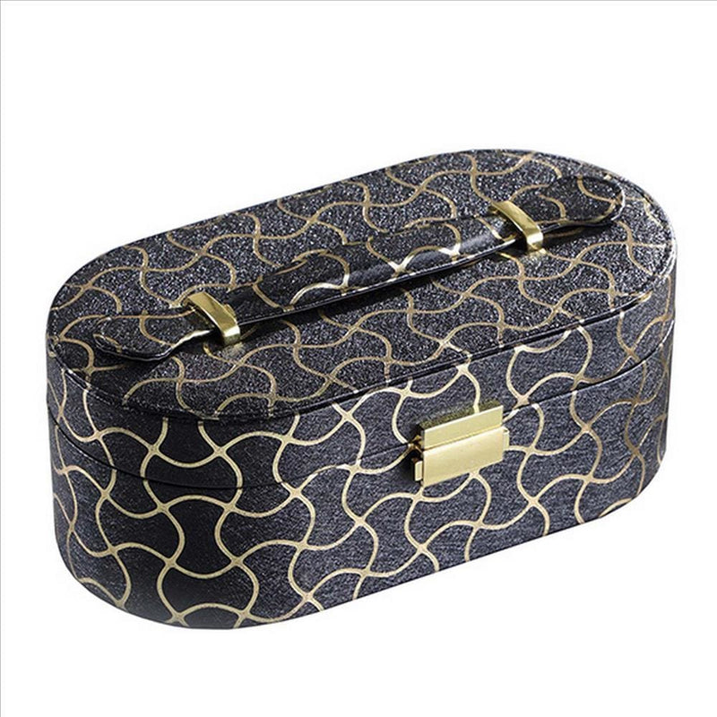 Travel Jewelry Case with 2 Semicircle Slots and Wavy Pattern Black-zoom-