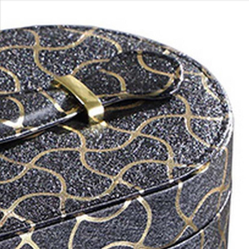 Travel Jewelry Case with 2 Semicircle Slots and Wavy Pattern Black-zoom-