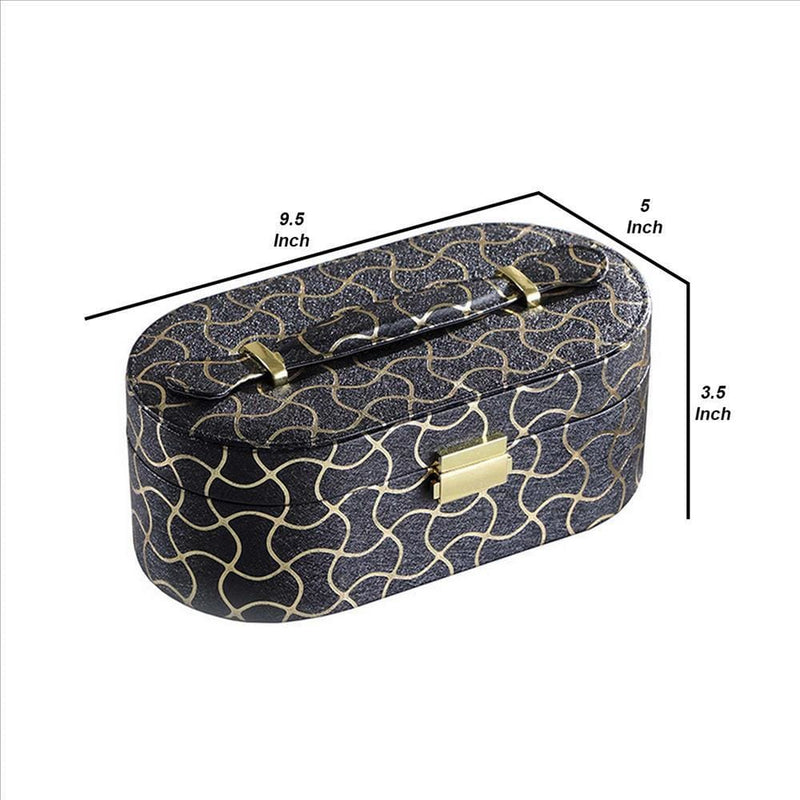 Travel Jewelry Case with 2 Semicircle Slots and Wavy Pattern Black-zoom-