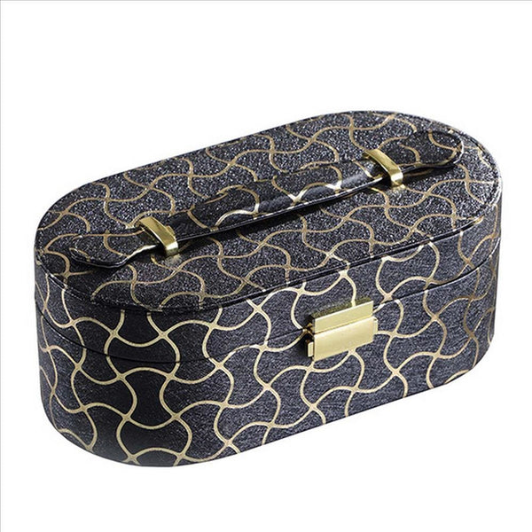 Travel Jewelry Case with 2 Semicircle Slots and Wavy Pattern Black