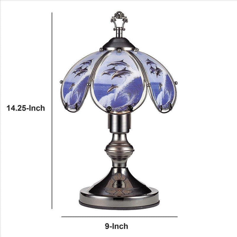 Umbrella Shade Glass Table Lamp with Dolphin Print Silver-zoom-