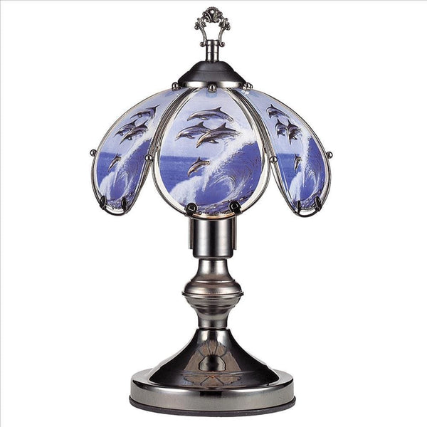Umbrella Shade Glass Table Lamp with Dolphin Print Silver