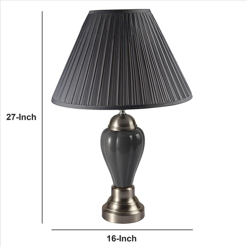 27 Inch Urn Shaped Ceramic Table Lamp Pleated Fabric Shade Gray-zoom-
