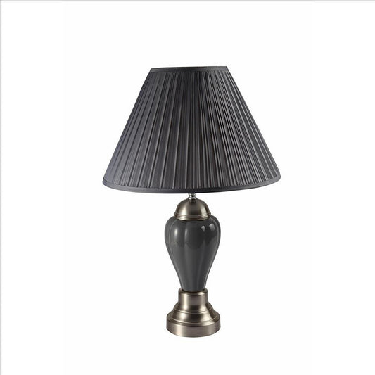 27 Inch Urn Shaped Ceramic Table Lamp Pleated Fabric Shade Gray