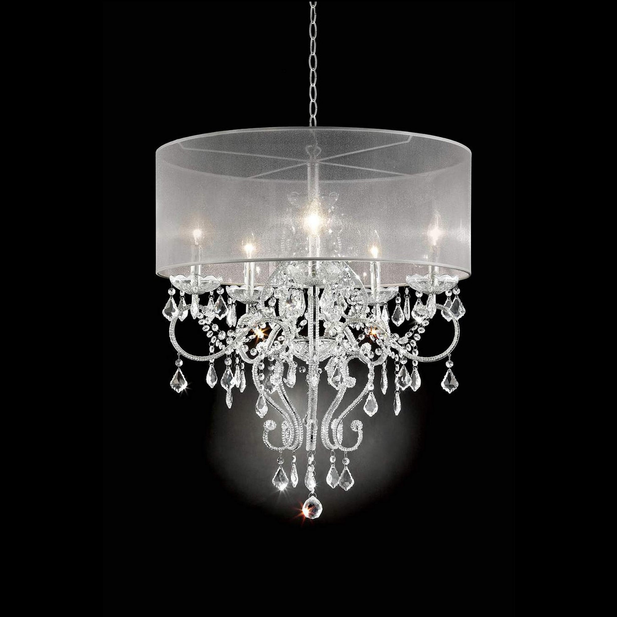 Ceiling Lamp with Scroll Metal Support and Drop Crystal Accents Silver