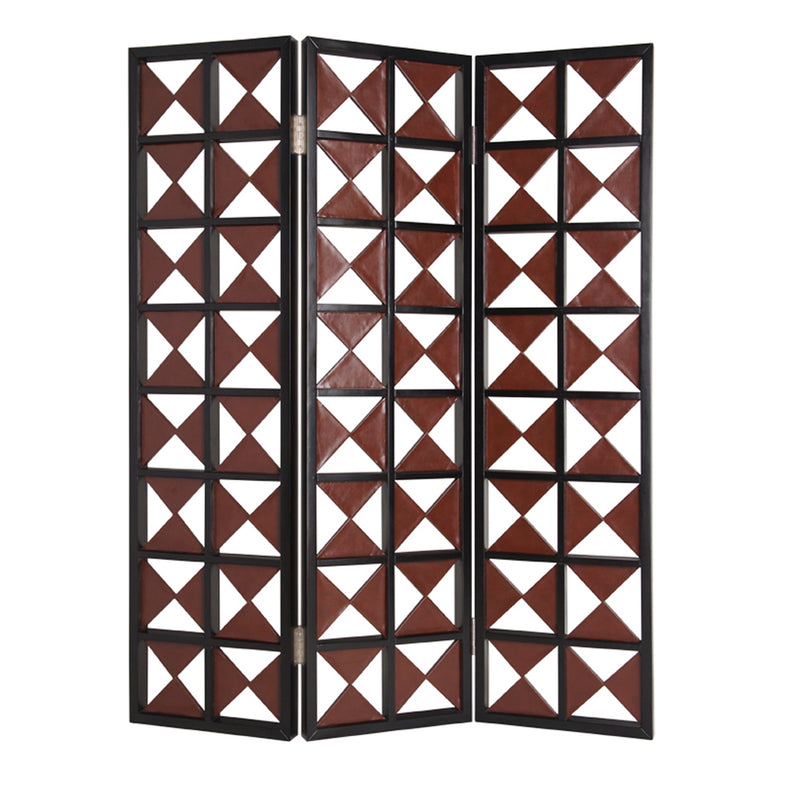 3 Panel Room Divider with Symmetric Triangle Cutout Pattern, Small,Brown-zoom-