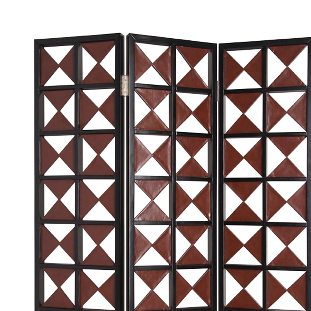 3 Panel Room Divider with Symmetric Triangle Cutout Pattern, Small,Brown