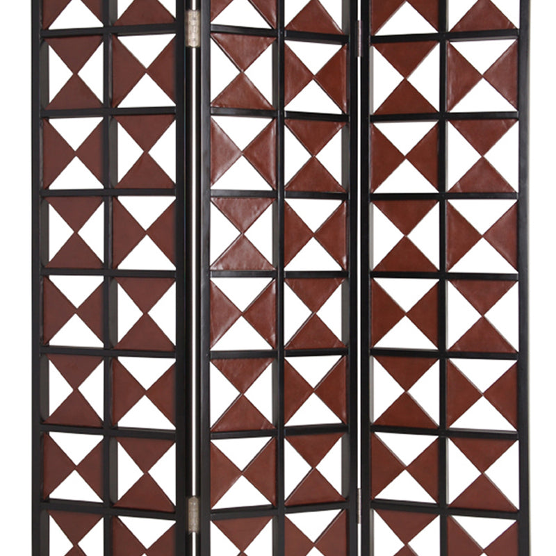 3 Panel Room Divider with Symmetric Triangle Cutout Pattern, Small,Brown-zoom-