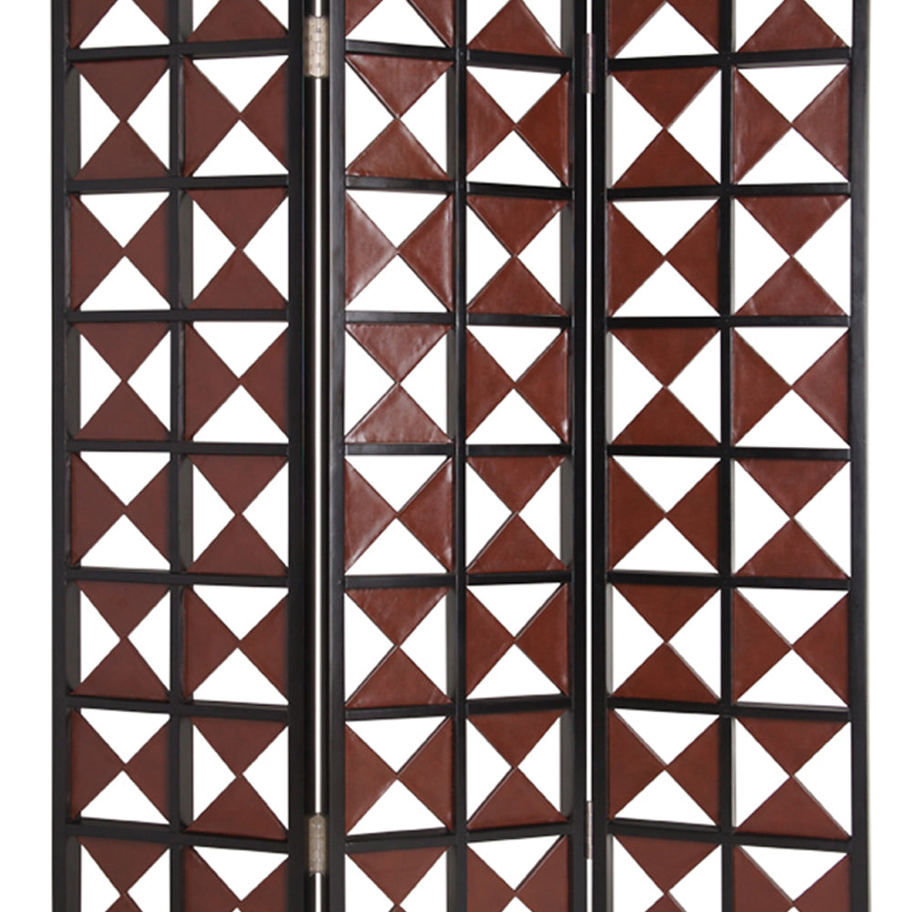 3 Panel Room Divider with Symmetric Triangle Cutout Pattern, Small,Brown
