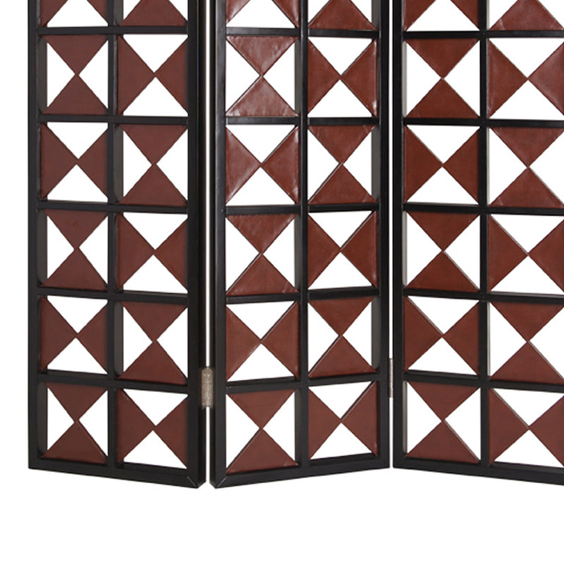 3 Panel Room Divider with Symmetric Triangle Cutout Pattern, Small,Brown-zoom-
