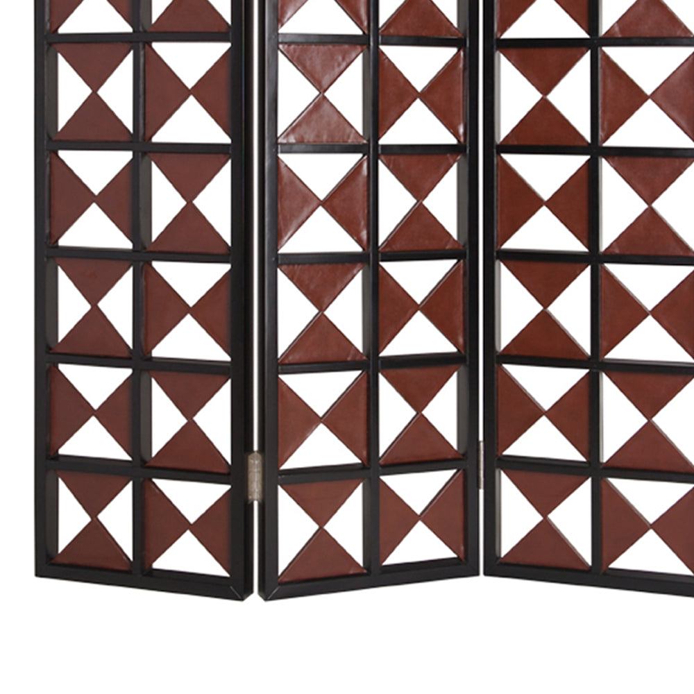 3 Panel Room Divider with Symmetric Triangle Cutout Pattern, Small,Brown