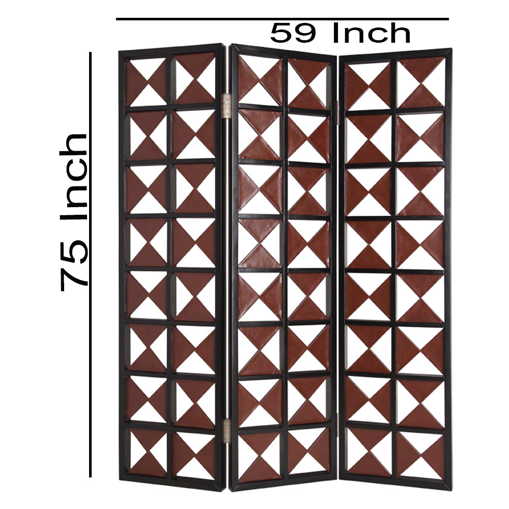 3 Panel Room Divider with Symmetric Triangle Cutout Pattern, Small,Brown