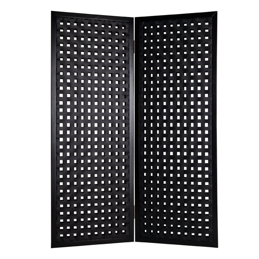 2 Panel Room Divider with Leatherette Interwoven Square Cut Outs, Black