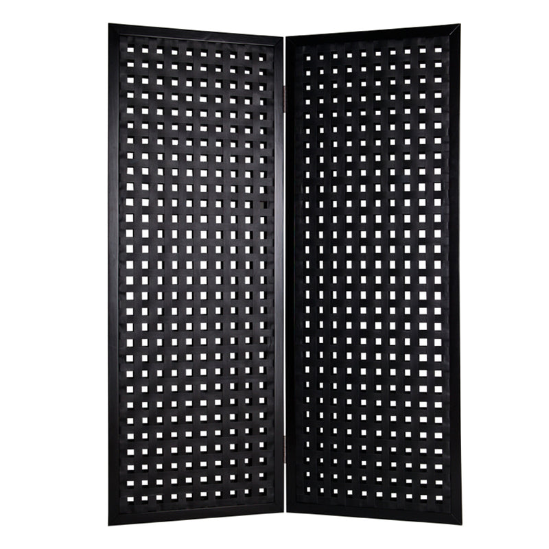 2 Panel Room Divider with Leatherette Interwoven Square Cut Outs, Black-zoom-