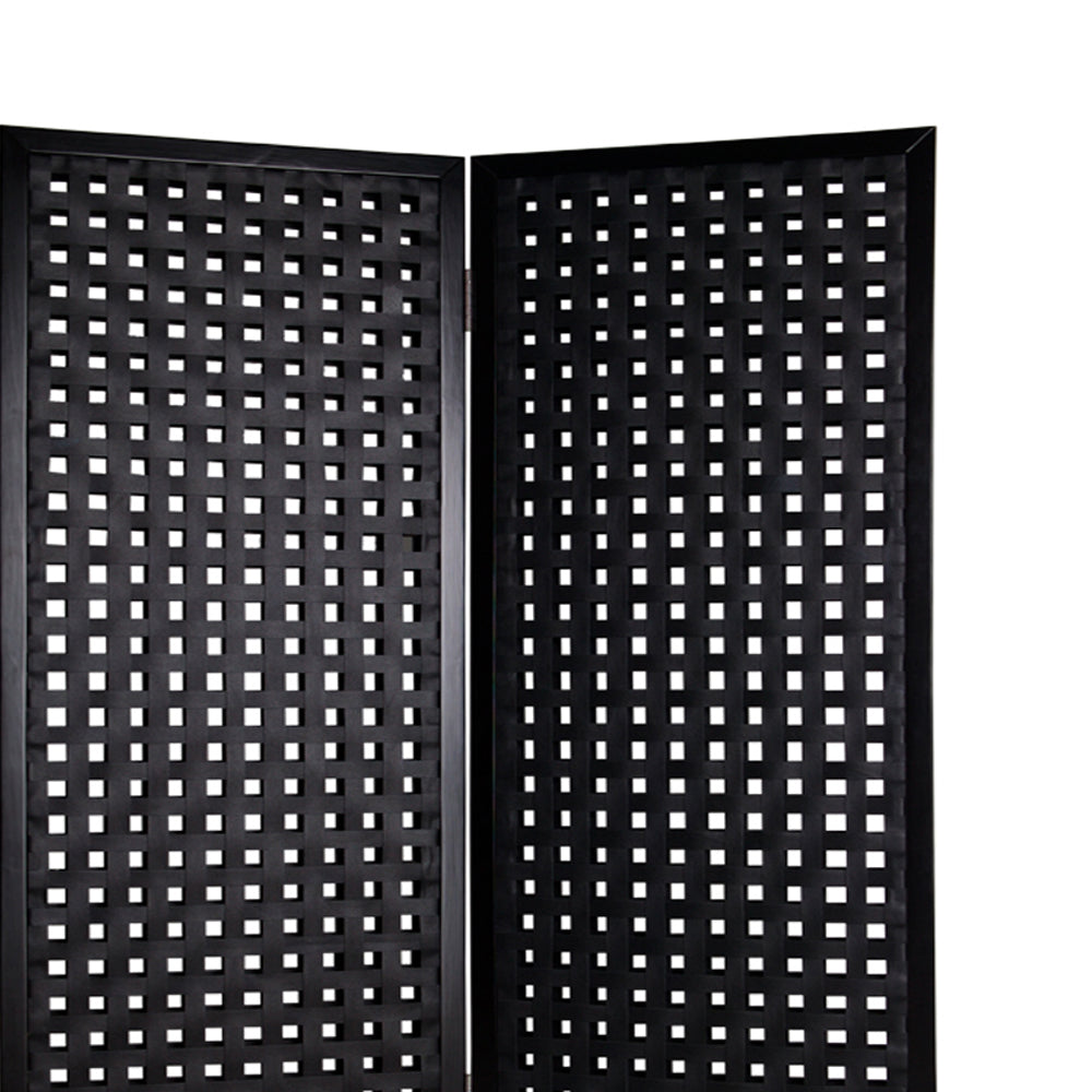 2 Panel Room Divider with Leatherette Interwoven Square Cut Outs, Black-zoom-2