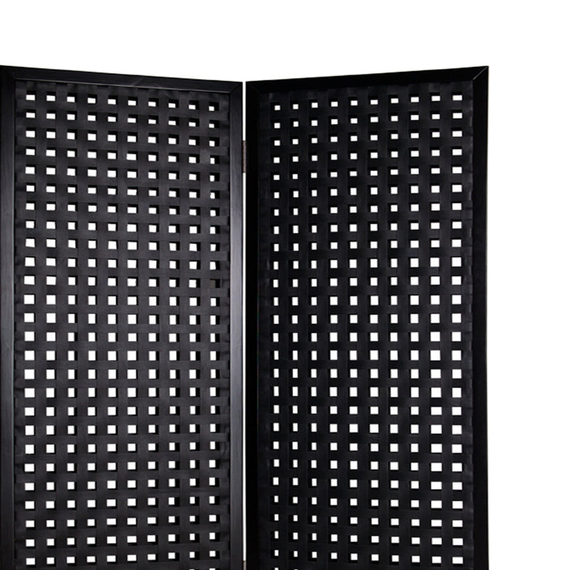 2 Panel Room Divider with Leatherette Interwoven Square Cut Outs, Black-zoom-