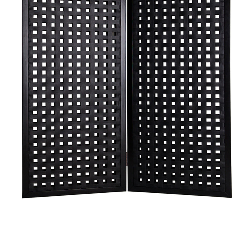 2 Panel Room Divider with Leatherette Interwoven Square Cut Outs, Black-zoom-