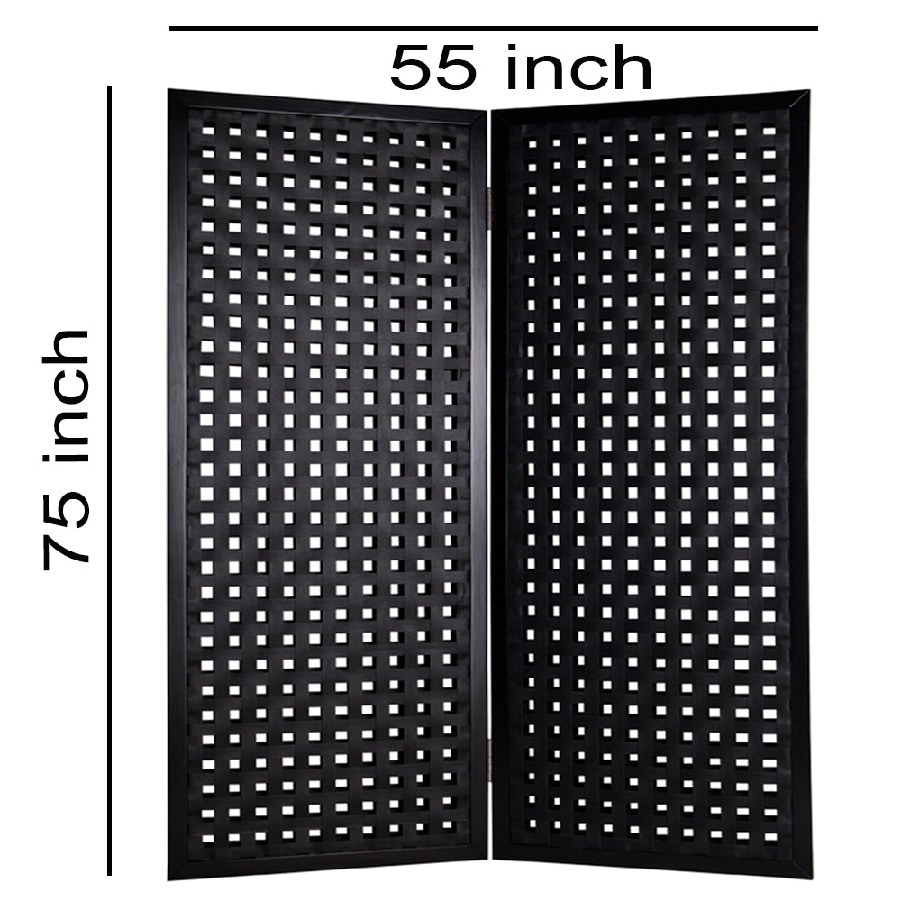 2 Panel Room Divider with Leatherette Interwoven Square Cut Outs, Black-zoom-5