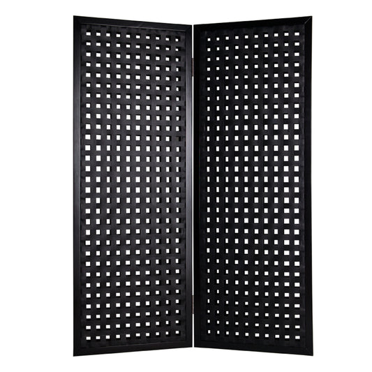 2 Panel Room Divider with Leatherette Interwoven Square Cut Outs, Black