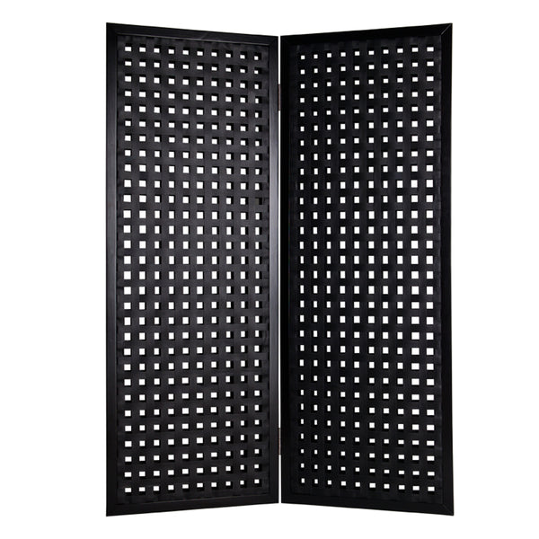2 Panel Room Divider with Leatherette Interwoven Square Cut Outs, Black