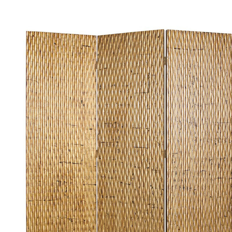 3 Panel Foldable Room Divider with Patterned Wood Panelling, Gold-zoom-
