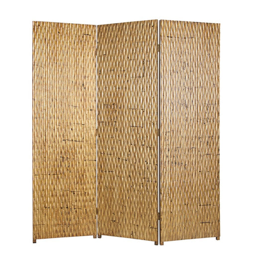 3 Panel Foldable Room Divider with Patterned Wood Panelling, Gold