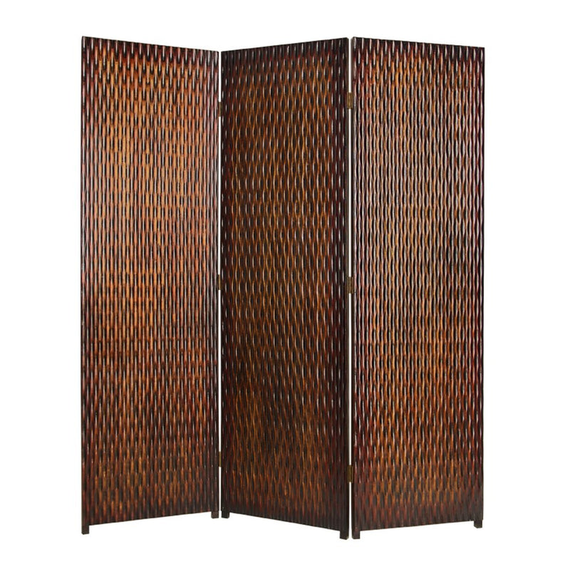 3 Panel Foldable Room Divider with Patterned Wood Panelling, Brown-zoom-