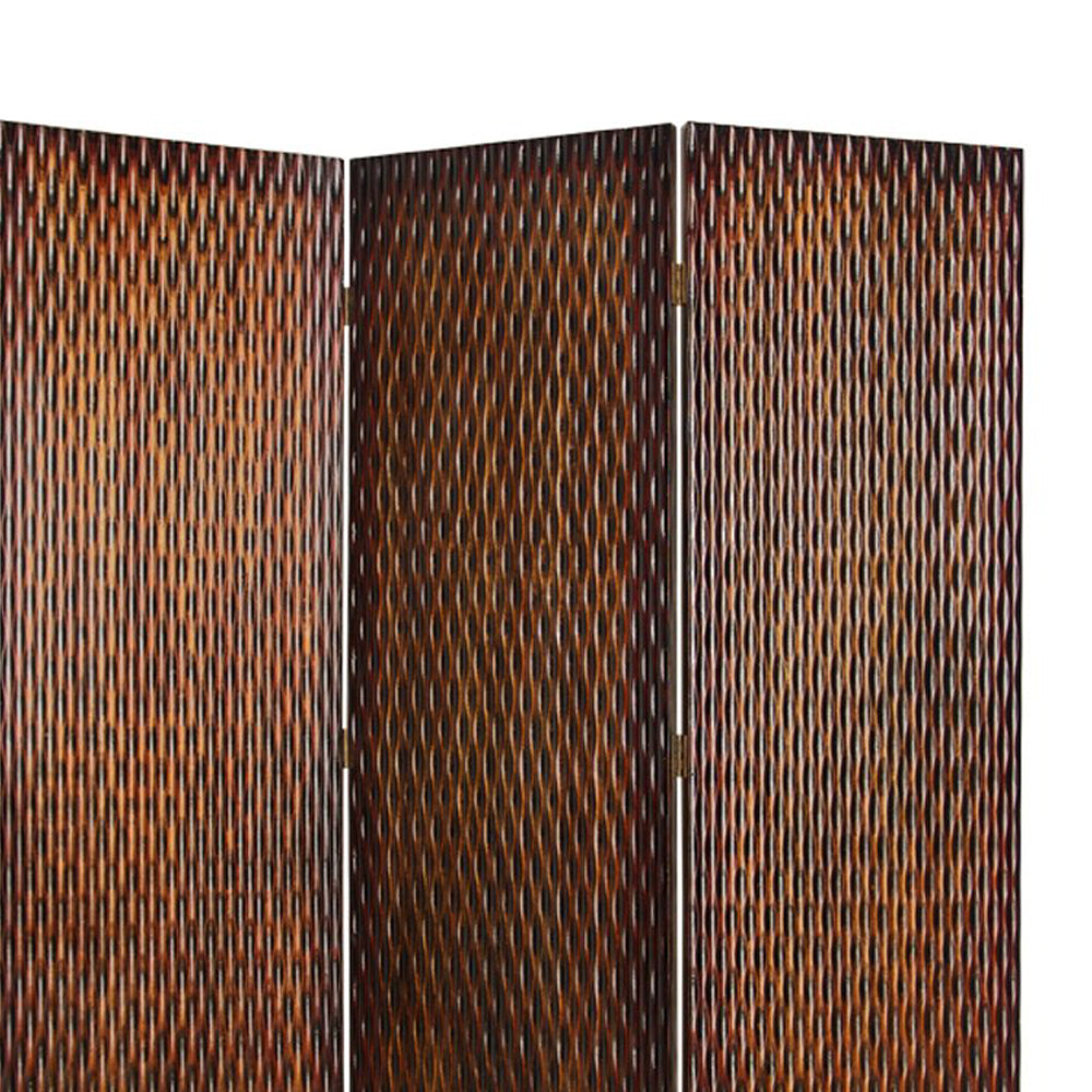 3 Panel Foldable Room Divider with Patterned Wood Panelling, Brown-zoom-2