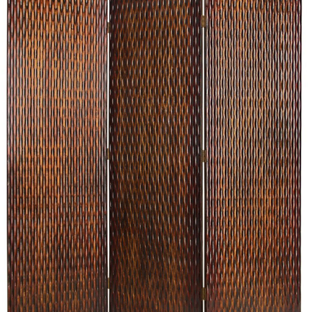 3 Panel Foldable Room Divider with Patterned Wood Panelling, Brown-zoom-3