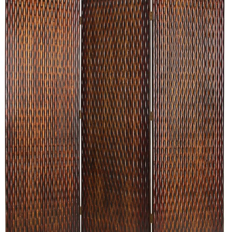 3 Panel Foldable Room Divider with Patterned Wood Panelling, Brown-zoom-