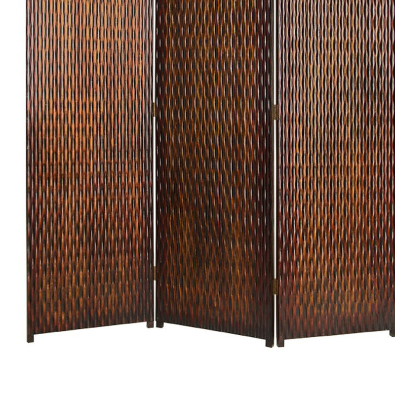 3 Panel Foldable Room Divider with Patterned Wood Panelling, Brown-zoom-