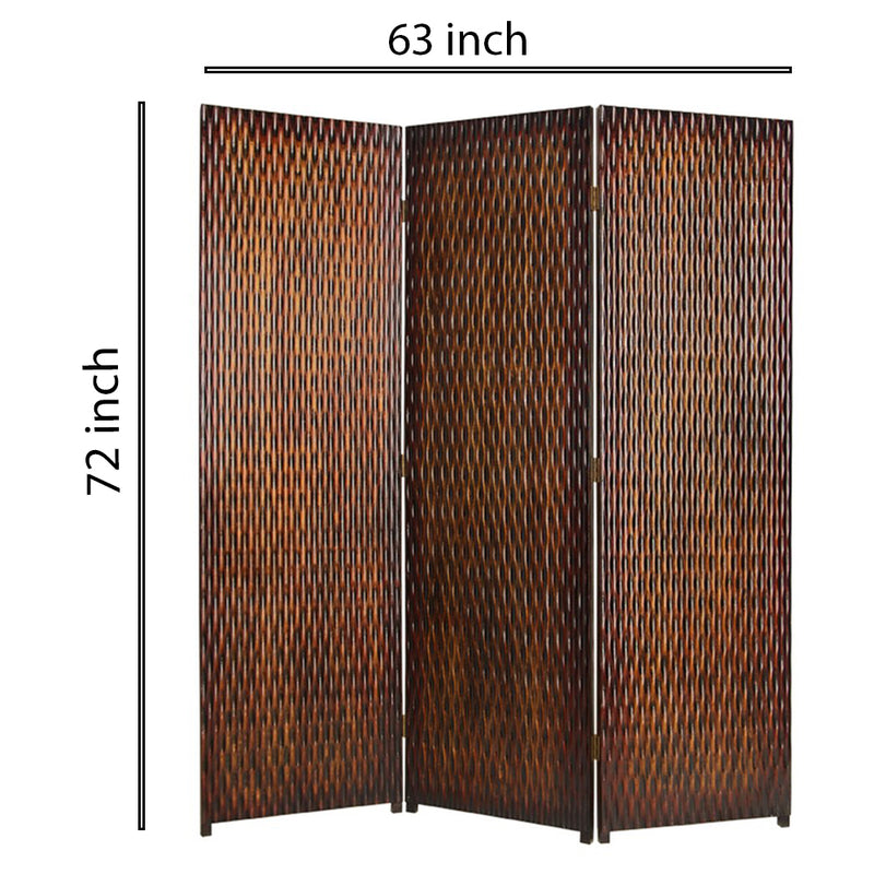 3 Panel Foldable Room Divider with Patterned Wood Panelling, Brown-zoom-