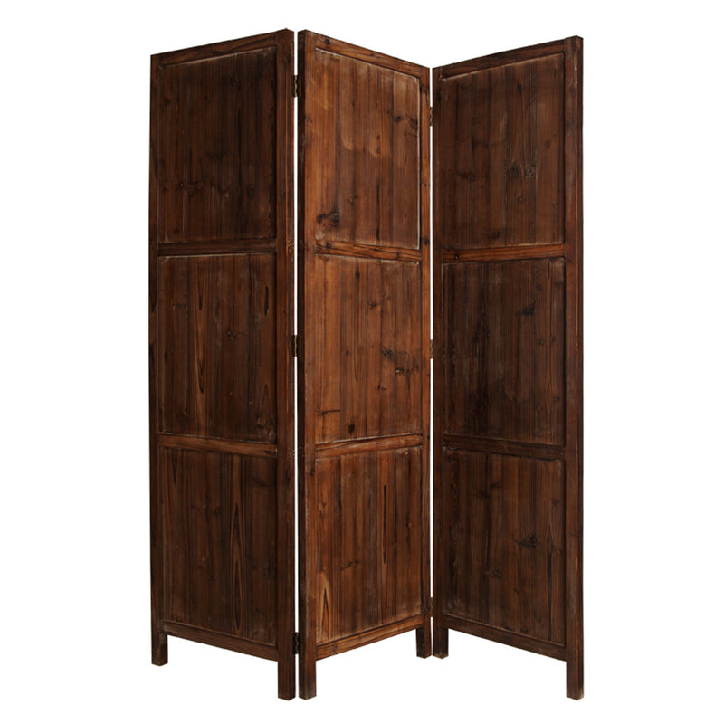 Wooden 3 Panel Room Divider with Plank Pattern, Brown-zoom-