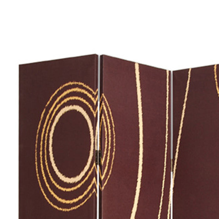 3 Panel Foldable Canvas Room Divider with Circle Design, Brown and Yellow-zoom-