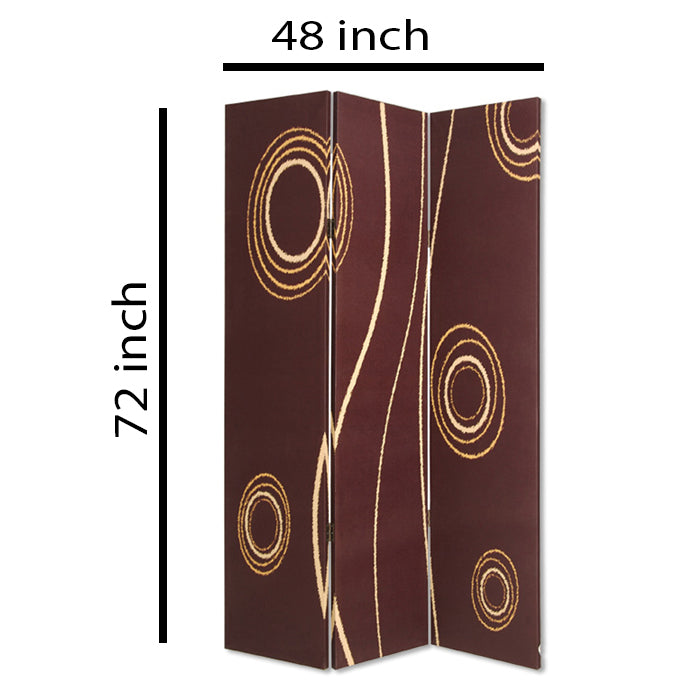 3 Panel Foldable Canvas Room Divider with Circle Design, Brown and Yellow-zoom-