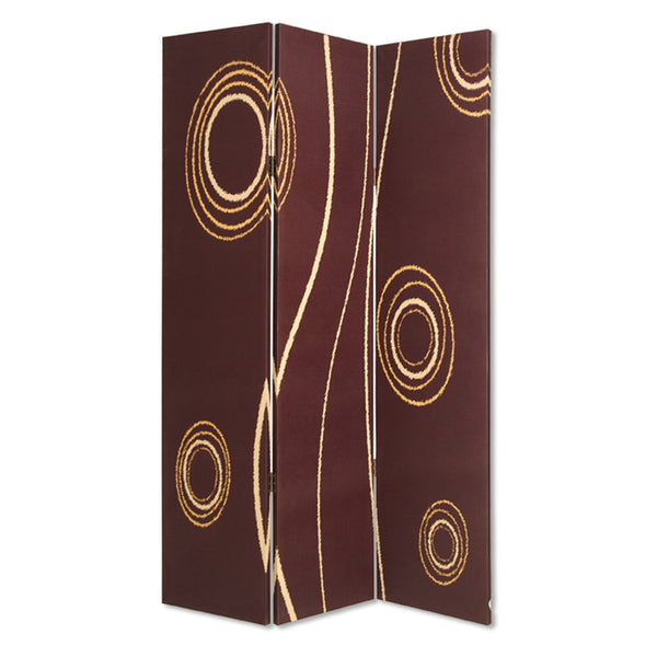 3 Panel Foldable Canvas Room Divider with Circle Design, Brown and Yellow