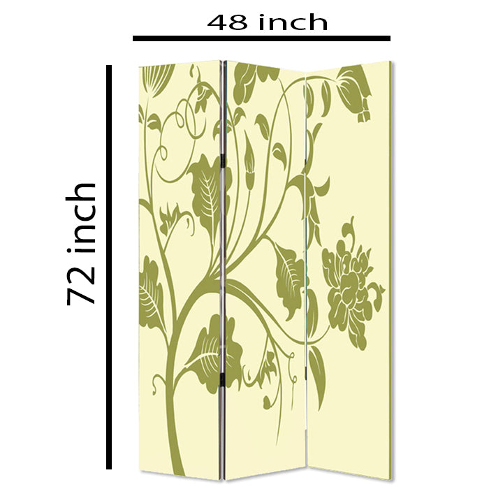 3 Panel Room Divider with Stems and Flower Pattern, Cream and Green-zoom-