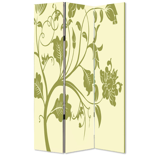 3 Panel Room Divider with Stems and Flower Pattern, Cream and Green